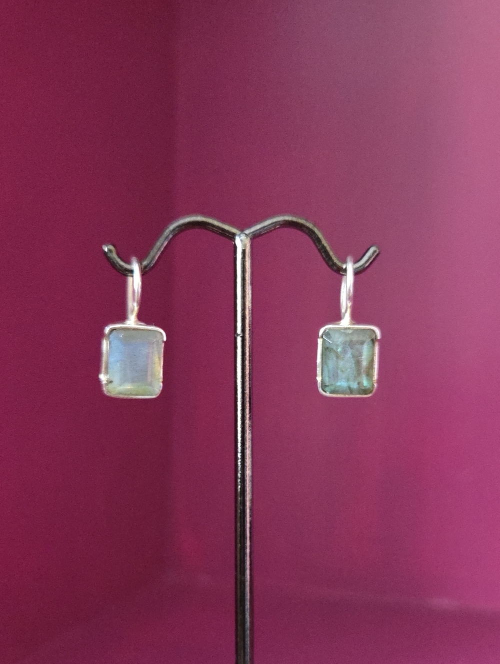 Vintage India Sterling Silver & Labradorite Rectangle Drop Earrings